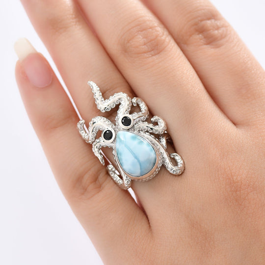 GP Trionfo Kollektion - Larimar, Schwarzer Spinell Ring 925 Silber rhodiniert ca. 6,65 ct