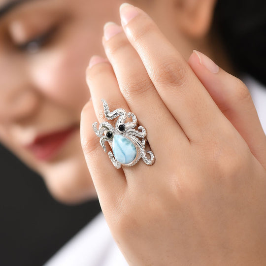 GP Trionfo Kollektion - Larimar, Schwarzer Spinell Ring 925 Silber rhodiniert ca. 6,65 ct