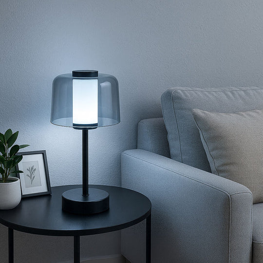 LIVEMORE Transparente Pilz-Tischlampe, kabellos, wiederaufladbar, 3 Lichtfarben, Smart Touch, Weiß