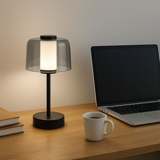 LIVEMORE Transparente Pilz-Tischlampe, kabellos, wiederaufladbar, 3 Lichtfarben, Smart Touch, Weiß
