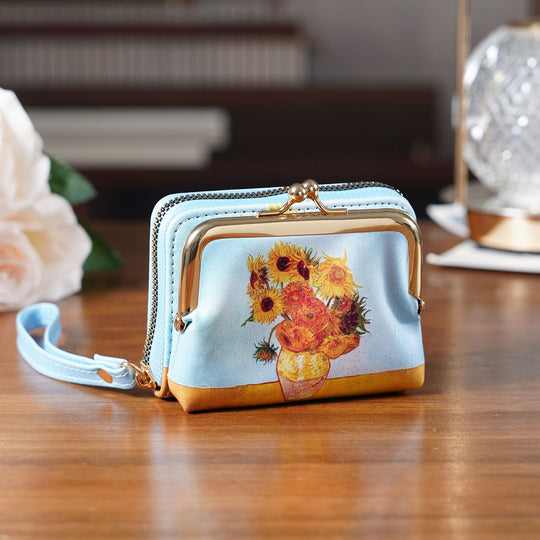 2-in-1-Geldbörse mit Sonnenblumen-Motiv, 11x5x8 cm, Blau
