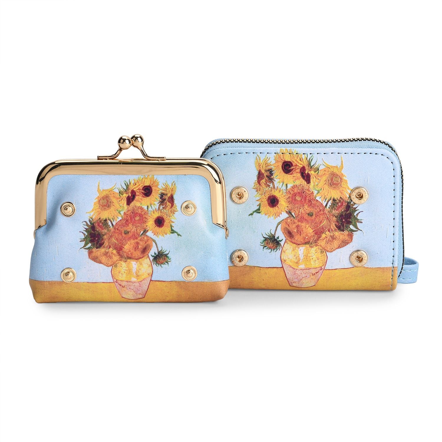 2-in-1-Geldbörse mit Sonnenblumen-Motiv, 11x5x8 cm, Blau