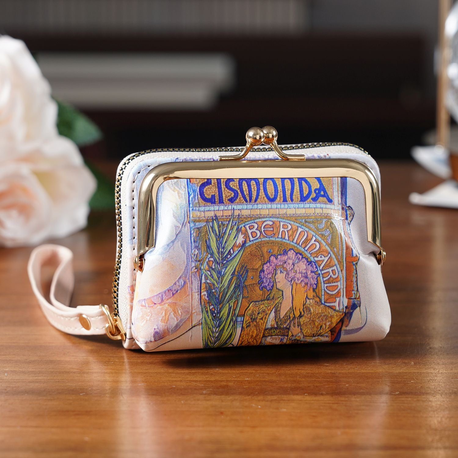 2-in-1-Geldbörse mit Gismonda-Motiv, 11x5x8 cm, Beige