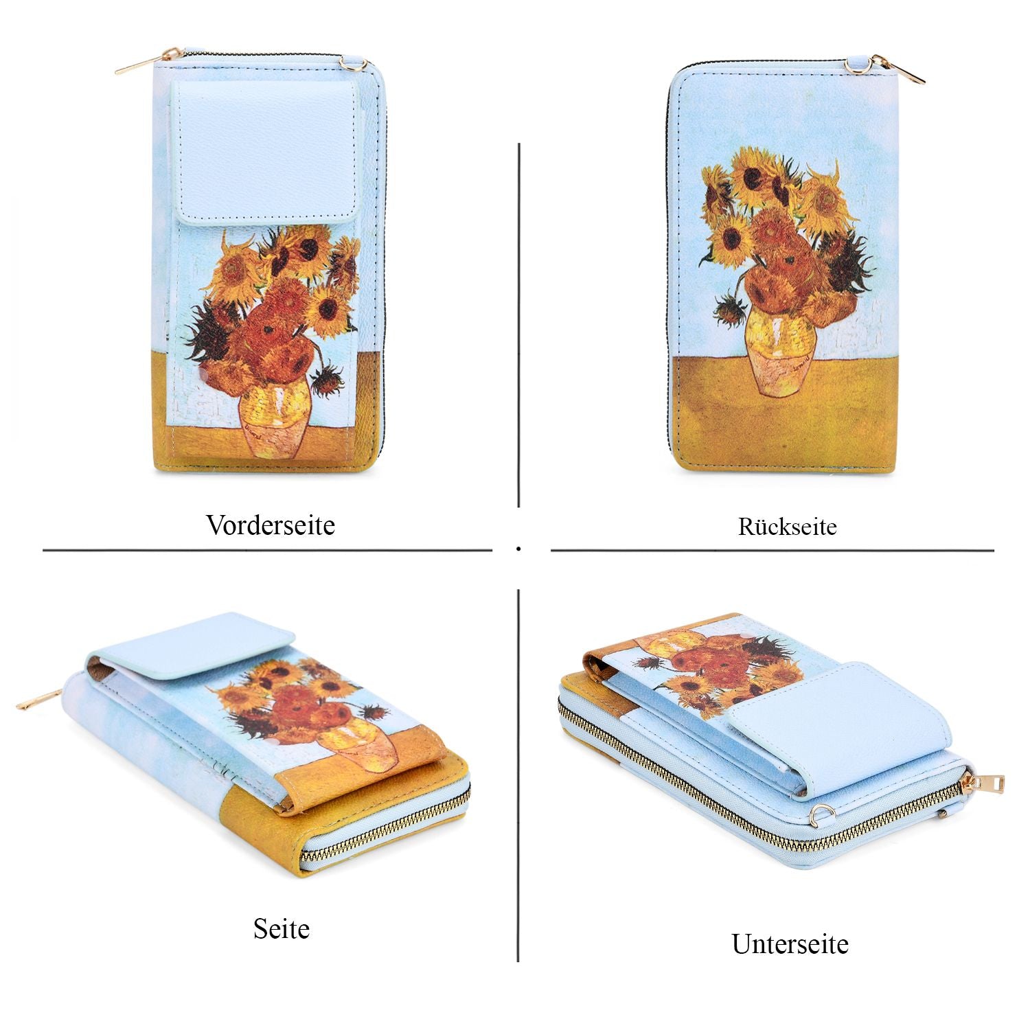 MUSEUM COLLECTION - Crossbody-Bag mit Sonnenblumen Vincent van Gogh, RFID-Schutz, Größe 20x11x2 cm, Himmelblau