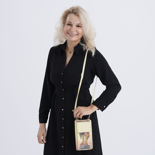 MUSEUM COLLECTION - Crossbody-Bag, Gismonda Alphonso Mucha, RFID-Schutz, Größe 20x11x2 cm, Beige-Gelb