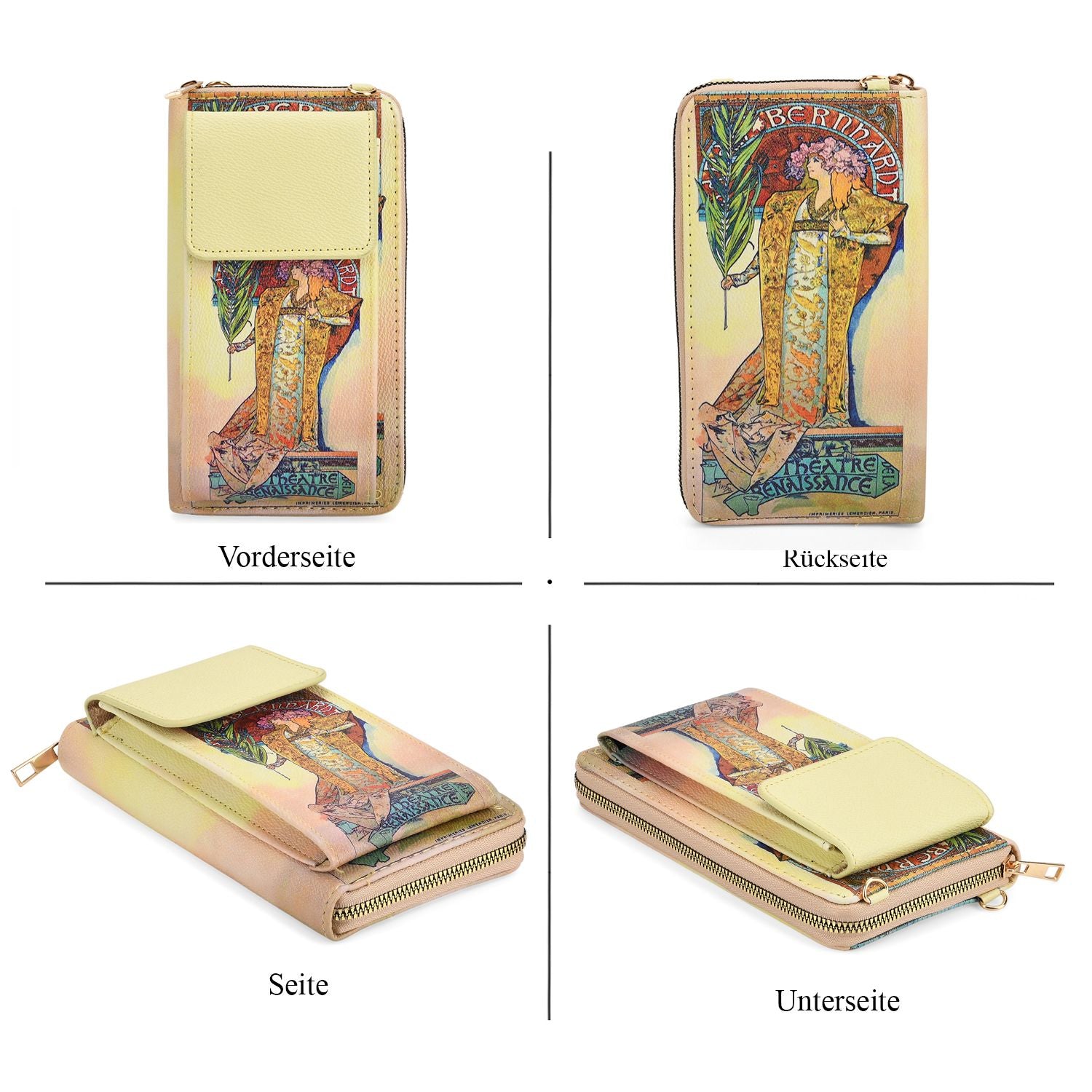 MUSEUM COLLECTION - Crossbody-Bag, Gismonda Alphonso Mucha, RFID-Schutz, Größe 20x11x2 cm, Beige-Gelb
