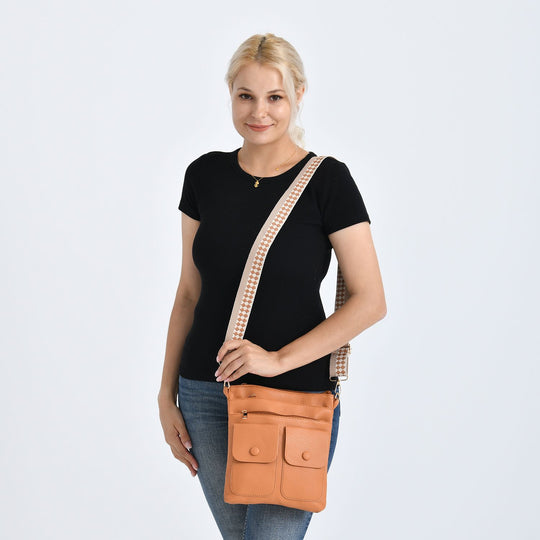 Umhängetasche aus feinem Lederimitat mit mehreren Taschen, Einheitsgröße, Hellorange