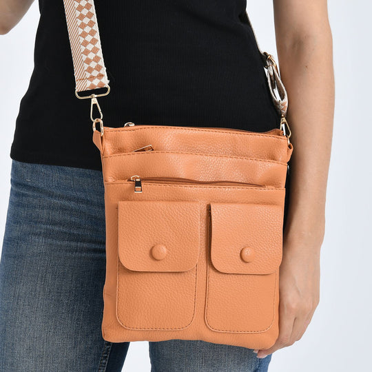 Umhängetasche aus feinem Lederimitat mit mehreren Taschen, Einheitsgröße, Hellorange