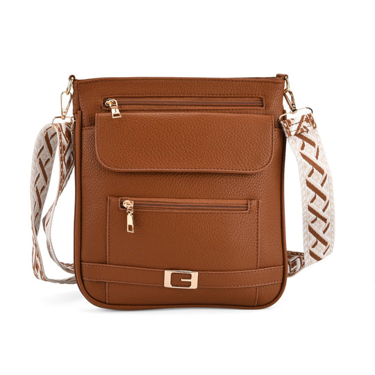 Crossbody-Tasche mit gewebtem Schulterriemen und Reißverschlussfächern, 24x28 cm, Rosébeige