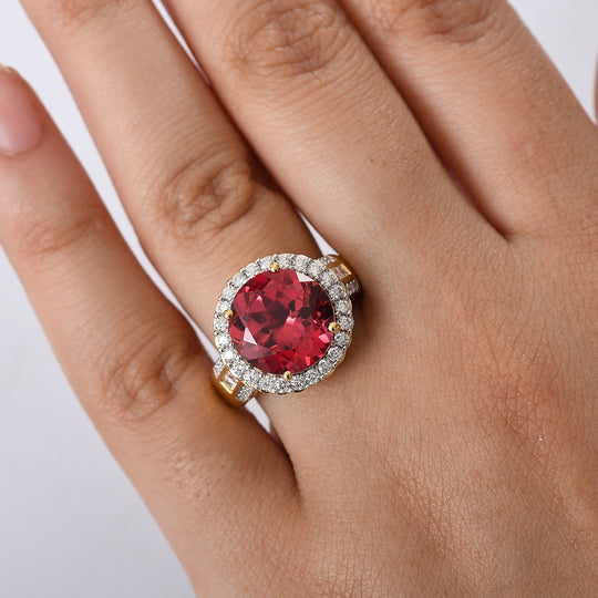 D'joy Lab Grown Padparadscha-Saphir , Moissanit Ring 925 Silber 750 Gelbgold Vermeil (Größe 20.00) ca. 9.22 ct