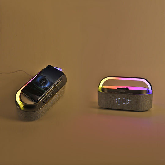 Tragbarer Bluetooth-Lautsprecher und Aufladegerät mit Regenbogen LED Licht, 15W, 235x93x113 mm, Grau