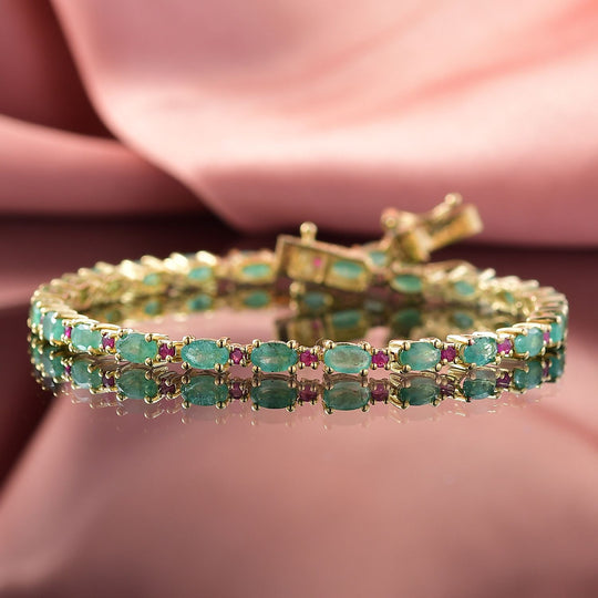 Smaragd, Natürlicher Mosambik-Rubin Armband ca. 20 cm 925 Silber 750 Gelbgold Vermeil ca. 7,18 ct.