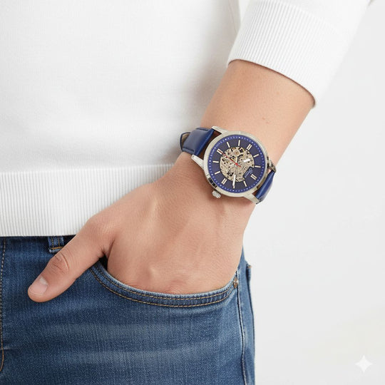 GENOA TIME V2 Automatikuhr mit mechanischem Automatikwerk, Zifferblatt Blau mit Sonnenschliff und offenem Design, Lederarmband Blau, 3 ATM wasserdicht
