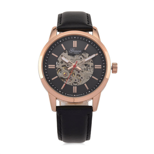 GENOA TIME V2 Automatikuhr mit mechanischem Automatikwerk, Zifferblatt Blau mit Sonnenschliff und offenem Design, Lederarmband Blau, 3 ATM wasserdicht