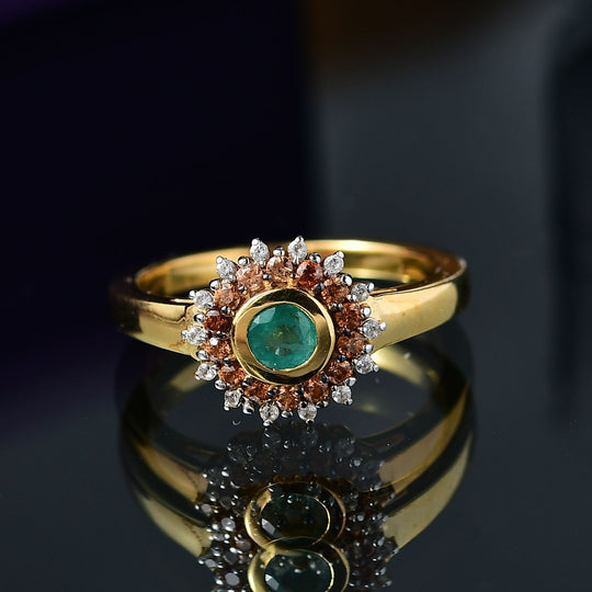 Regal Halo - D joy Kagem Sambischer Smaragd, Brauner Zirkon Ring 925 Silber 750 Gelb Vergoldet (Größe 19.00) ca. 0.70 ct