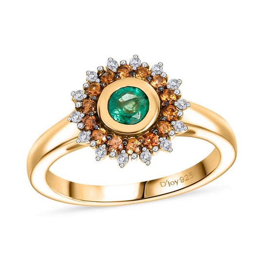 Regal Halo - D joy Kagem Sambischer Smaragd, Brauner Zirkon Ring 925 Silber 750 Gelb Vergoldet (Größe 19.00) ca. 0.70 ct