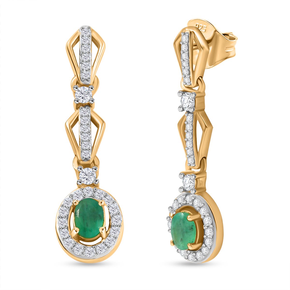 Regal Cascade - D joy Kagem Sambischer Smaragd, Weißer Zirkon Ohrringe 925 Silber 750 Gelb Vergoldet ca. 0.90 ct