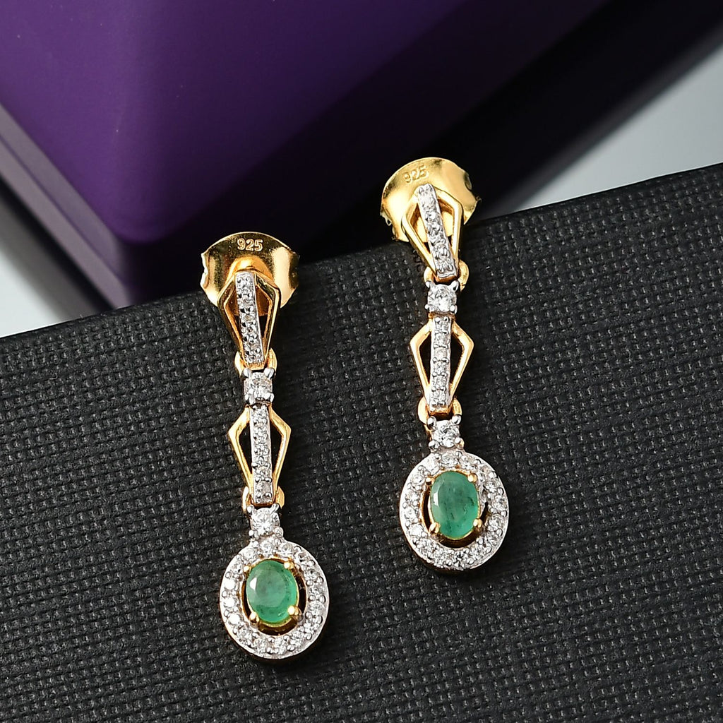 Regal Cascade - D joy Kagem Sambischer Smaragd, Weißer Zirkon Ohrringe 925 Silber 750 Gelb Vergoldet ca. 0.90 ct