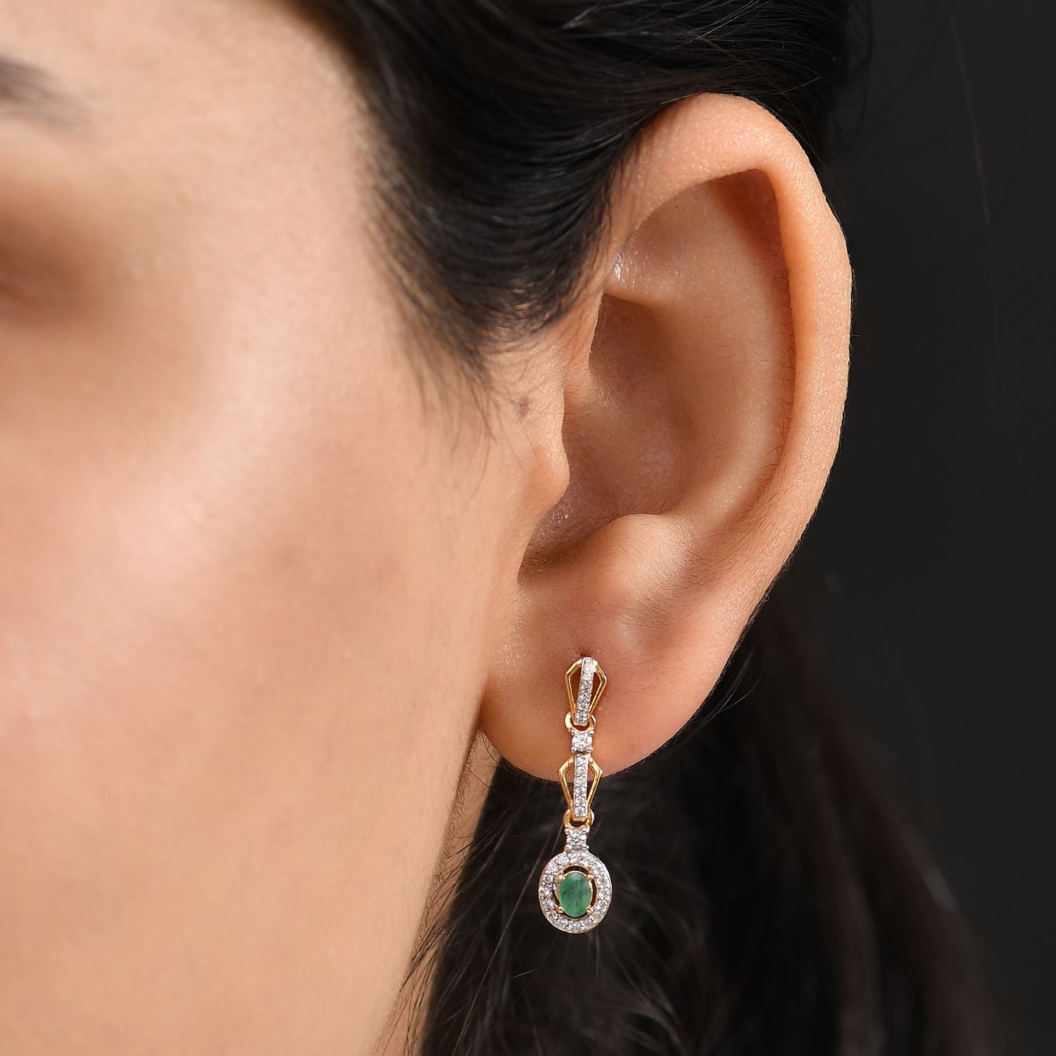 Regal Cascade - D joy Kagem Sambischer Smaragd, Weißer Zirkon Ohrringe 925 Silber 750 Gelb Vergoldet ca. 0.90 ct