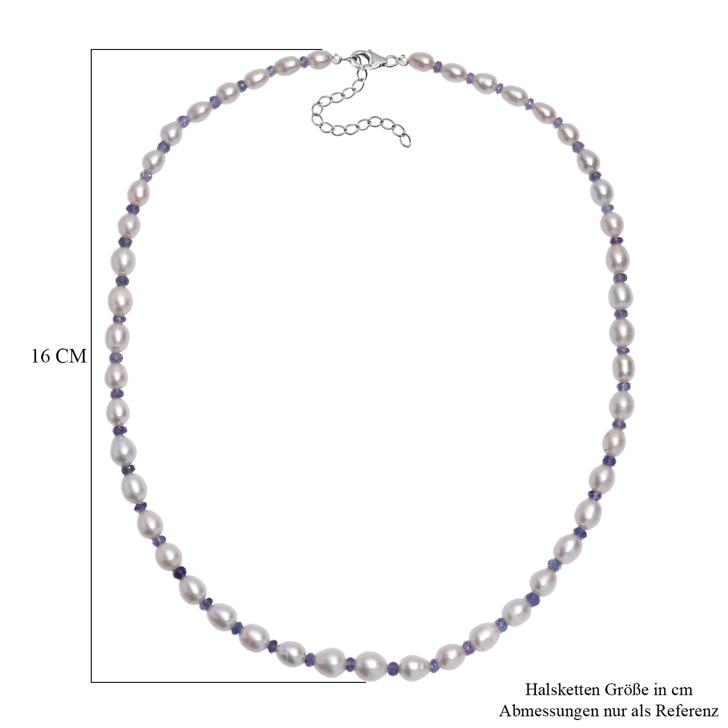 AA weiße Süßwasser Perle und Tansanit Halskette, 45+5cm, 925 Silber rhodiniert