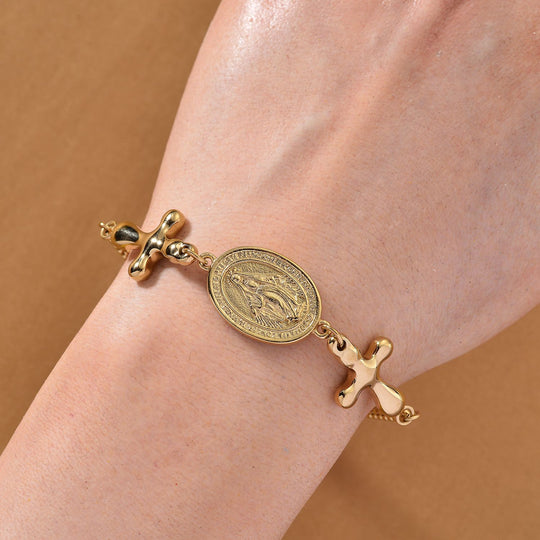 Medaille-Armband mit Kreuzanhängern, flexibel, Reiner Edelstahl, goldfarben