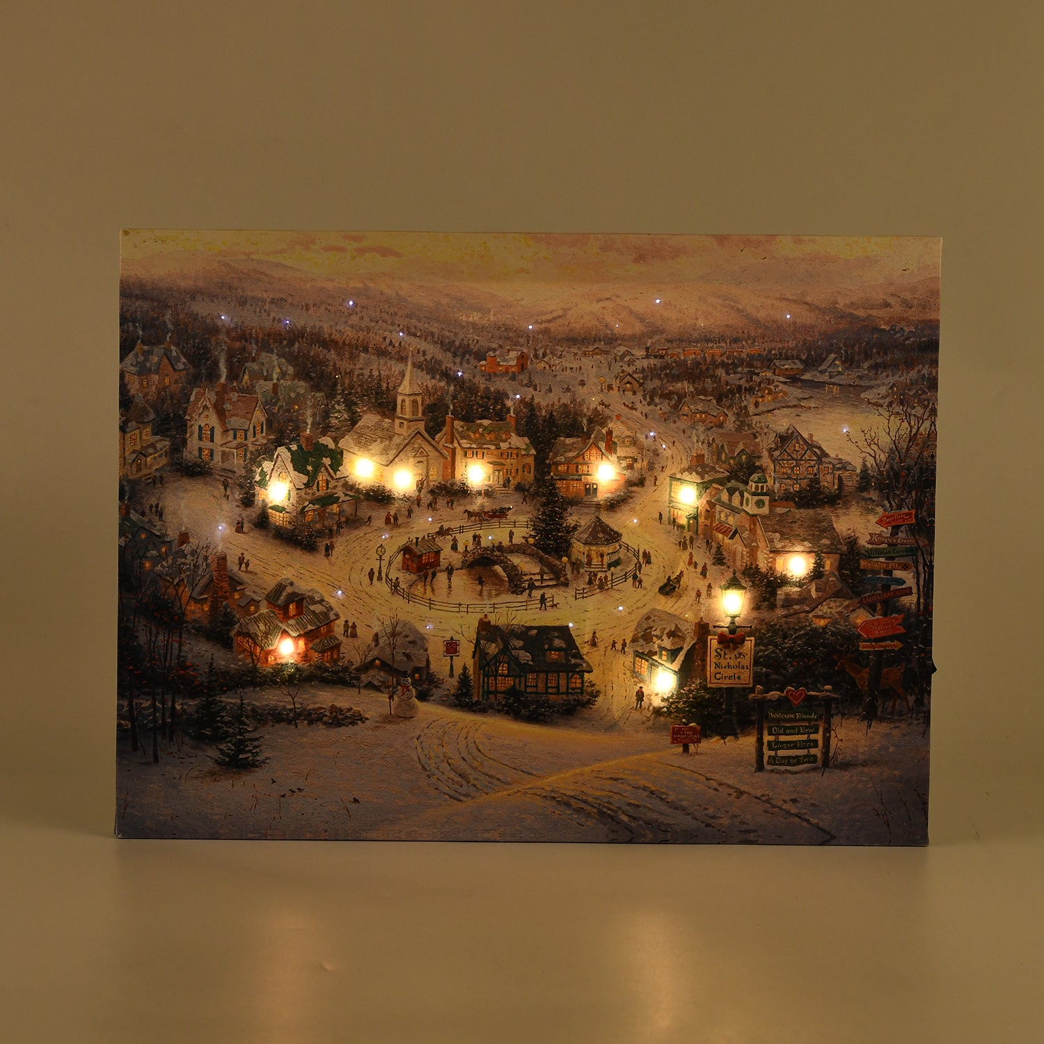 LED-Leinwandbild Festliches Winterdorf, mit 10 warmweißen LEDs und 30 Lichtfasern, Größe 30x40x1,8 cm