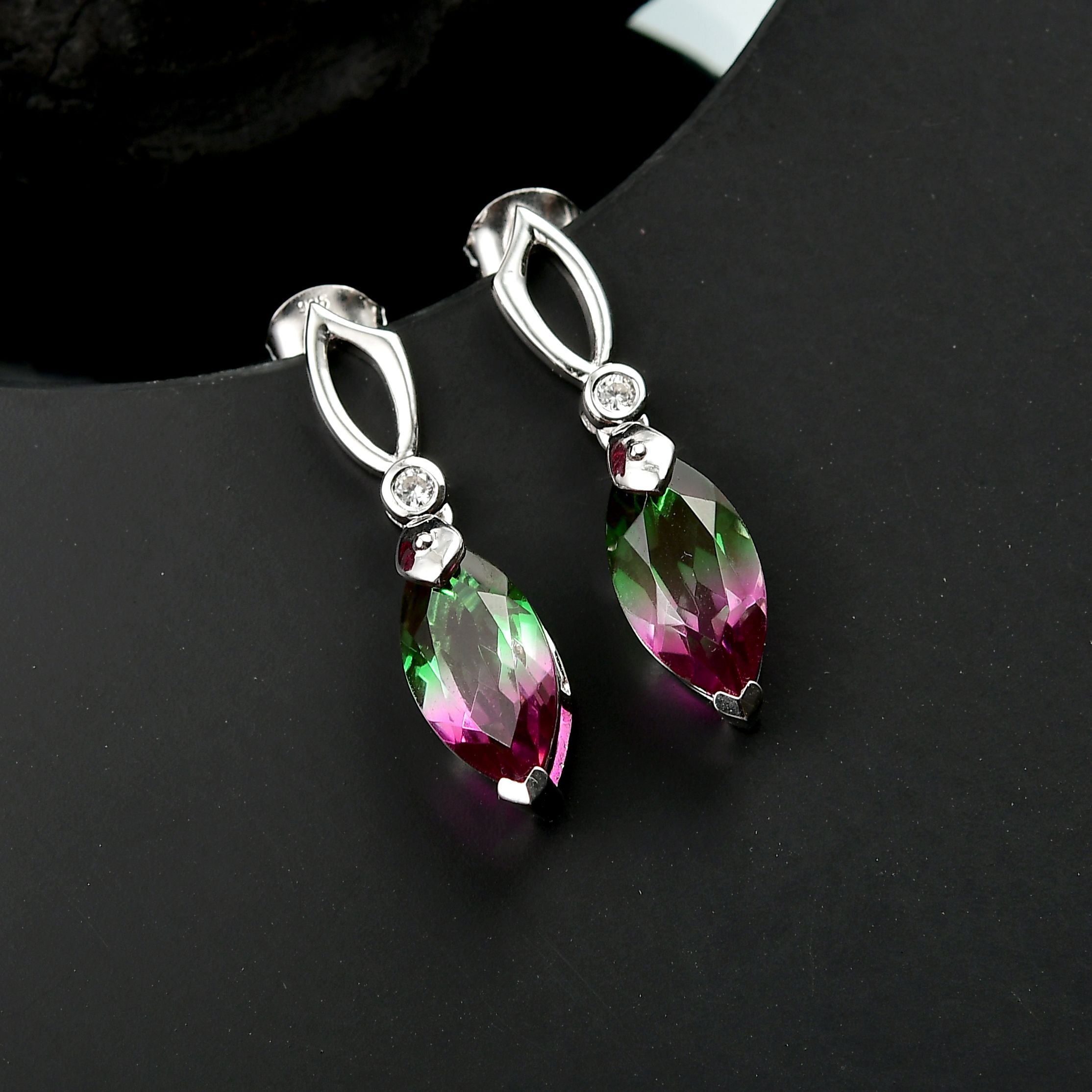 Dewleaf Drop - D joy Wassermelonen Quarz Triplette, Weißer Zirkon Ohrringe 925 Silber rhodiniert ca. 5.78 ct