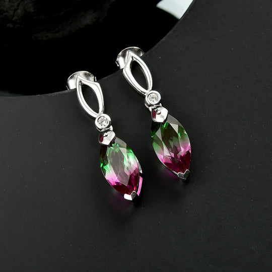 Dewleaf Drop - D joy Wassermelonen Quarz Triplette, Weißer Zirkon Ohrringe 925 Silber rhodiniert ca. 5.78 ct