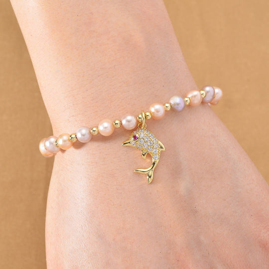 Mehrfarbiges Süßwasser Perle (4-5mm) und Zirkonia Armband mit Fisch-Anhänger, 19+5cm, Messing