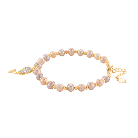 Mehrfarbiges Süßwasser Perle (4-5mm) und Zirkonia Armband mit Fisch-Anhänger, 19+5cm, Messing