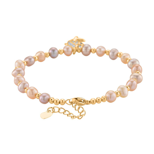 Mehrfarbiges Süßwasser Perle (4-5mm) und Zirkonia Armband mit Fisch-Anhänger, 19+5cm, Messing