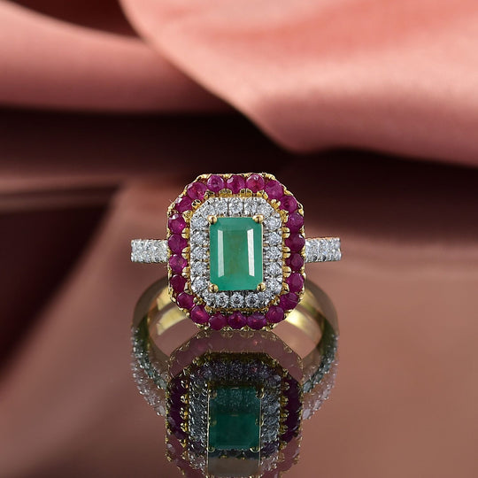 D'Joy AAA Kagem Sambischer Smaragd, Natürlicher Mosambik-Rubin Ring 925 Silber 750 Gelbgold Vermeil (Größe 20.00) ca. 2,19 ct