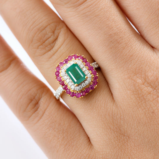 D'Joy AAA Kagem Sambischer Smaragd, Natürlicher Mosambik-Rubin Ring 925 Silber 750 Gelbgold Vermeil (Größe 20.00) ca. 2,19 ct