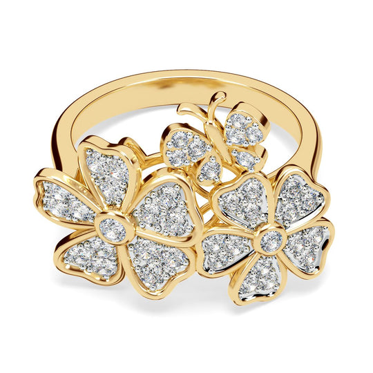 LUXURIANT SI-GH Labor Diamant Ring mit Blumen- und Schmetterlingsmotiven, 925 Silber Gelbgold Vermeil - 1 ct.
