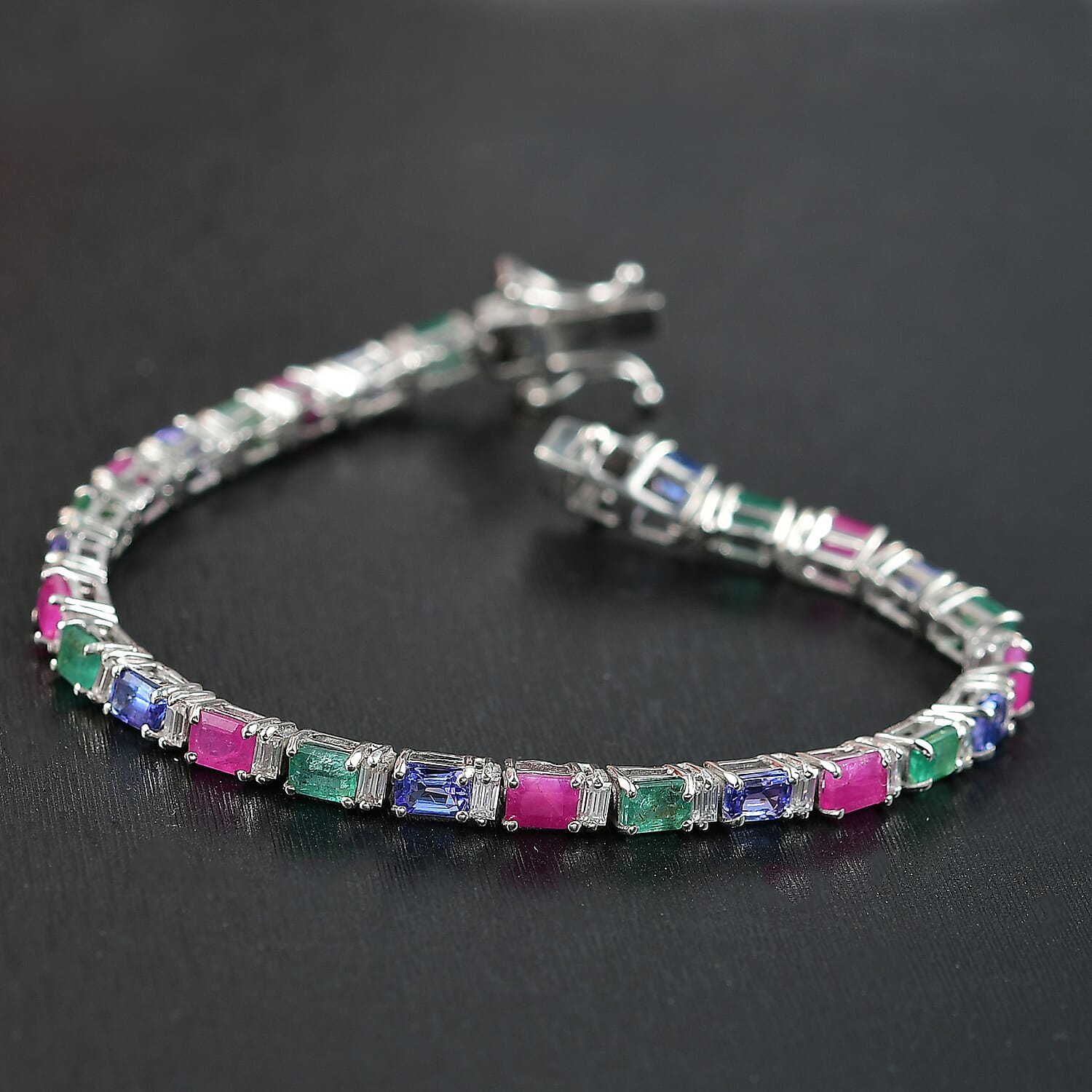 D'Joy AA Tansanit,Kagem Sambischer Smaragd und Moissanit Armband ca. 16.5 cm 925 Silber rhodiniert ca. 5.77 ct