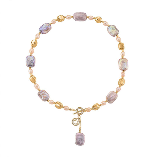 Mehrfarbige Keshi Perle, Pfirsich-Süßwasser Perle Halskette, ca. 50 cm, Nickelfreies Messing Roségold Vermeil