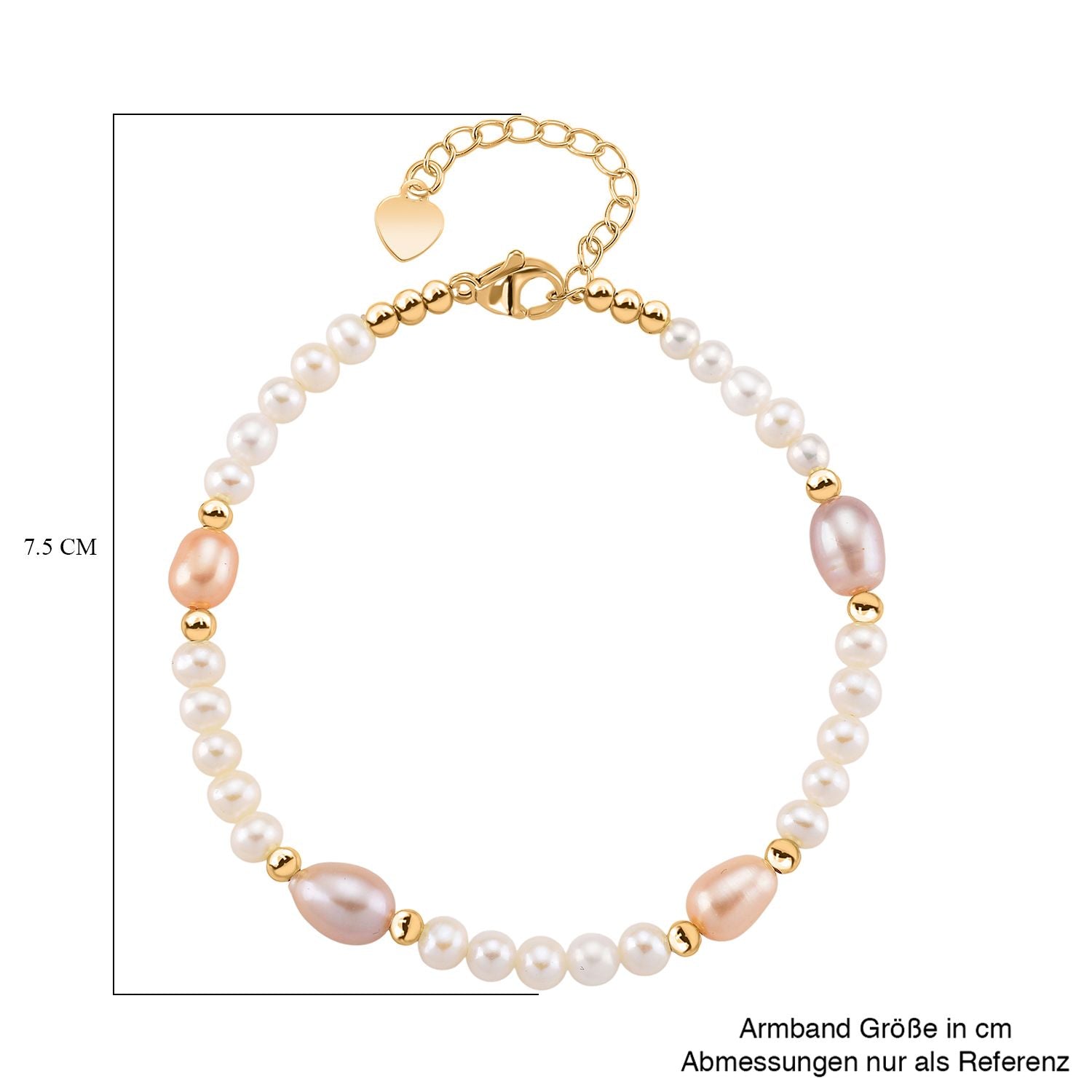 AAA Mehrfarbige Süßwasser Perle Armband ca. 18cm + 2.5cm Extender, Nickelfreies Messing gelb vergoldet