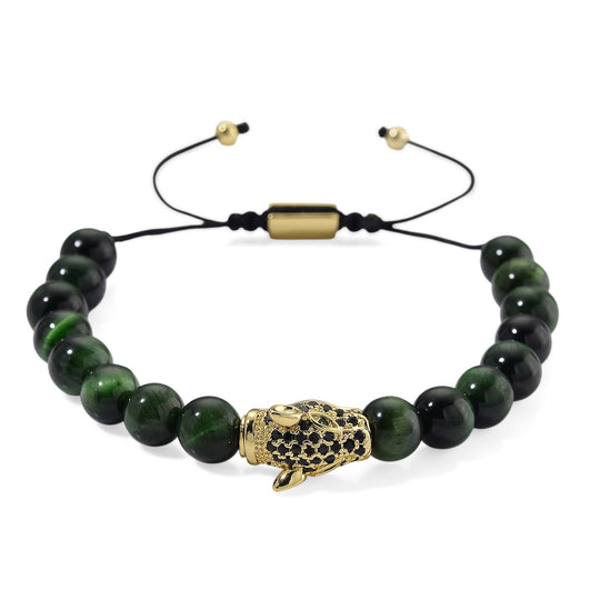 Fuchsia gefärbtes Tigerauge, Schwarzer Zirkonia Armband, flexibel, Messing