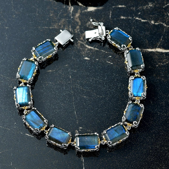 D joy AAA Malagasy Labradorit Armband, ca. 20 cm 925 Silber Rhodiniert und 750 Gelbgold Vermeil ca. 49,93 ct.