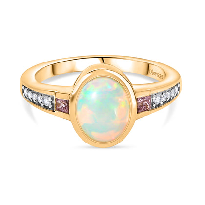 D’joy Natürlicher, äthiopischer Welo Opal, Rosa Saphir Ring 925 Silber vergoldet (Größe 16.00) ca. 1,36 ct