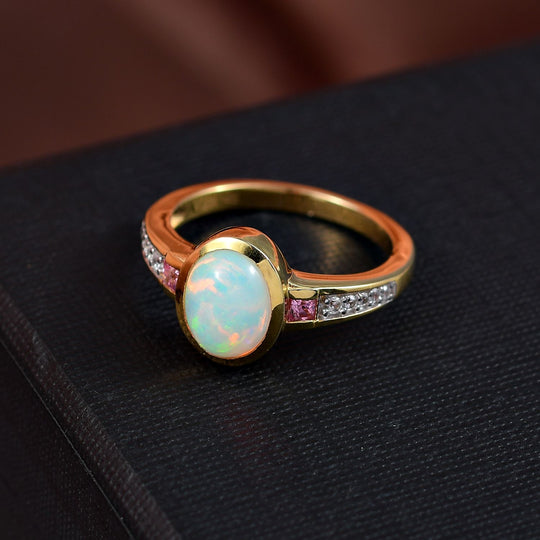 D’joy Natürlicher, äthiopischer Welo Opal, Rosa Saphir Ring 925 Silber vergoldet (Größe 16.00) ca. 1,36 ct