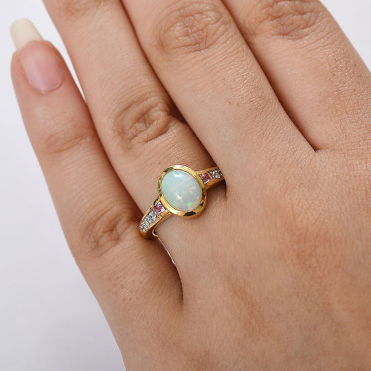 D’joy Natürlicher, äthiopischer Welo Opal, Rosa Saphir Ring 925 Silber vergoldet (Größe 16.00) ca. 1,36 ct