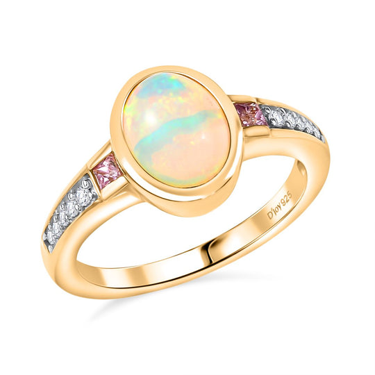 D’joy Natürlicher, äthiopischer Welo Opal, Rosa Saphir Ring 925 Silber vergoldet (Größe 16.00) ca. 1,36 ct
