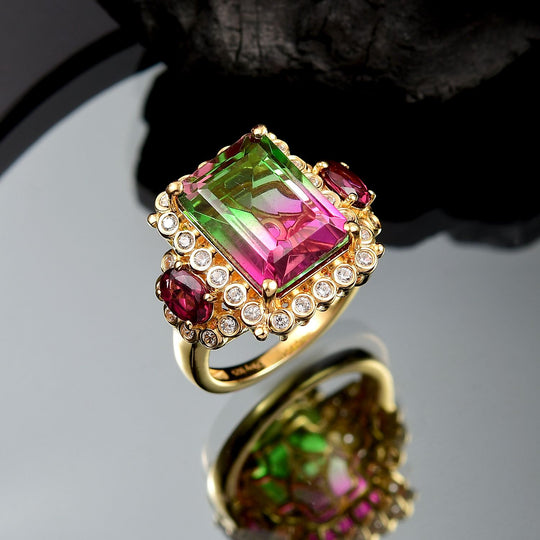 Regal Bloom - D'joy Wassermelonen Quarz Triplette, Natürlicher Rhodolith Granat Ring 925 Silber 750 Gelbgold Vermeil (Größe 20.00) ca. 9.66 ct