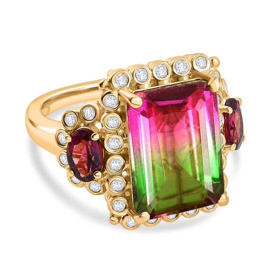 Regal Bloom - D'joy Wassermelonen Quarz Triplette, Natürlicher Rhodolith Granat Ring 925 Silber 750 Gelbgold Vermeil (Größe 20.00) ca. 9.66 ct