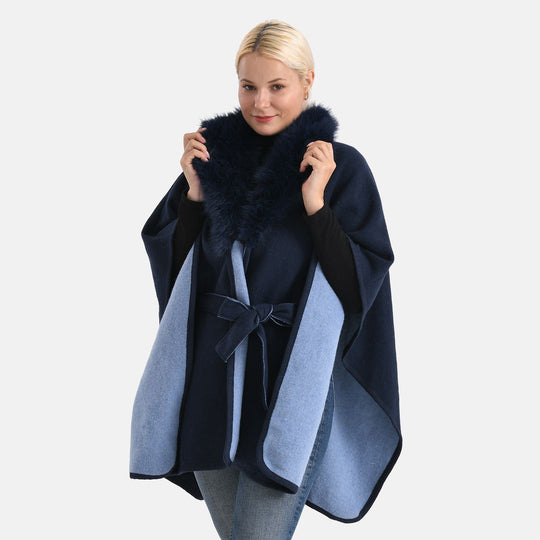 LA MAREY - Poncho mit Kunstfellkragen und Gürtel, One Size, Schwarz