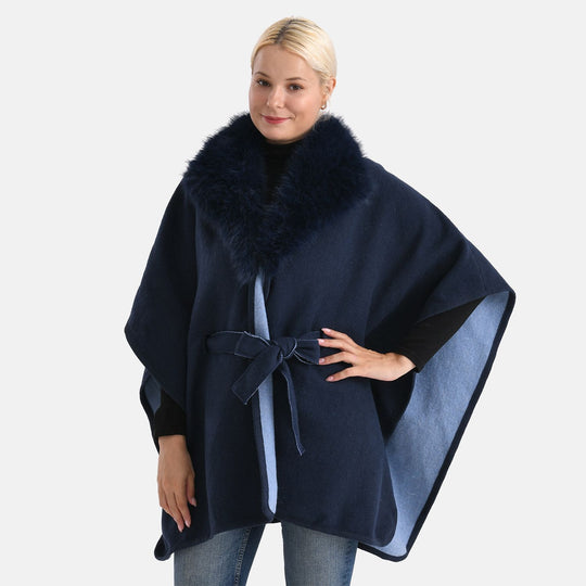 LA MAREY - Poncho mit Kunstfellkragen und Gürtel, One Size, Schwarz