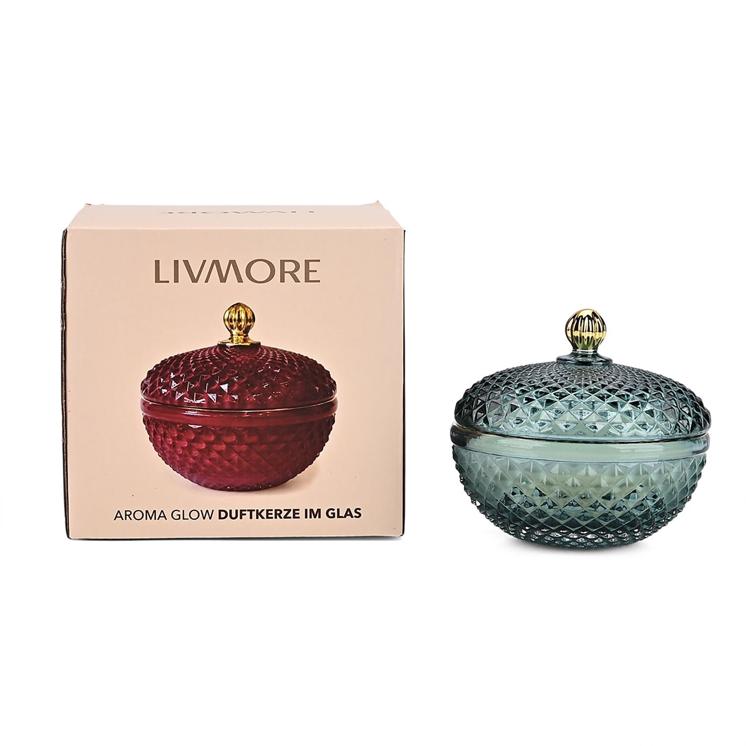 LIVMORE - Duftkerze im dekorativen Glas, Amber und Pfingstrose, 36 Std. Brenndauer, Grün
