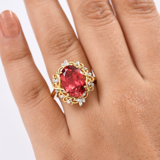 Djoy Lab Created Padparadscha Saphir, Weißer Zirkon Ring 925 Silber 750 Gelbgold Vermeil (Größe 17.00) ca. 8.43 ct