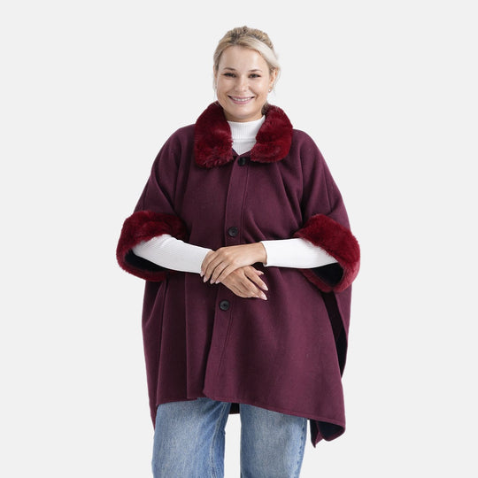 LA MAREY - Signature Kunstfell-Poncho mit Plüschkragen und Umschlagärmeln, Einheitsgröße, Tiefschwarz